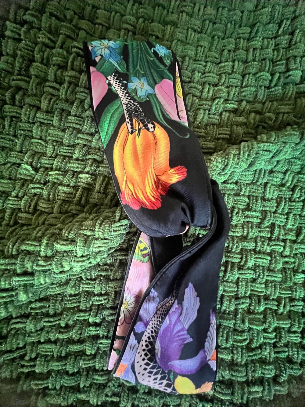 Gucci Floral Silk Twilly Scarf in Black, Orange, Purple, Pink - Picture 10 of 12